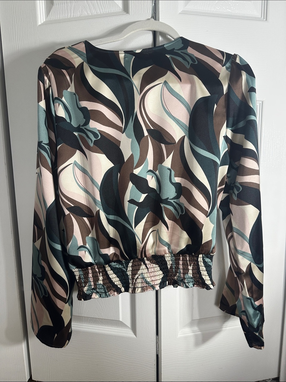 Pleione Abstract Floral Wrap Blouse in Teal, Brown & Cream - Picture 4 of 4